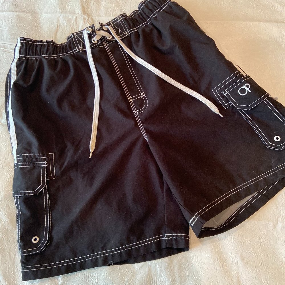OP Men's Navy & White Swimsuit 32" Elastic & Tie with pockets Waist 32"